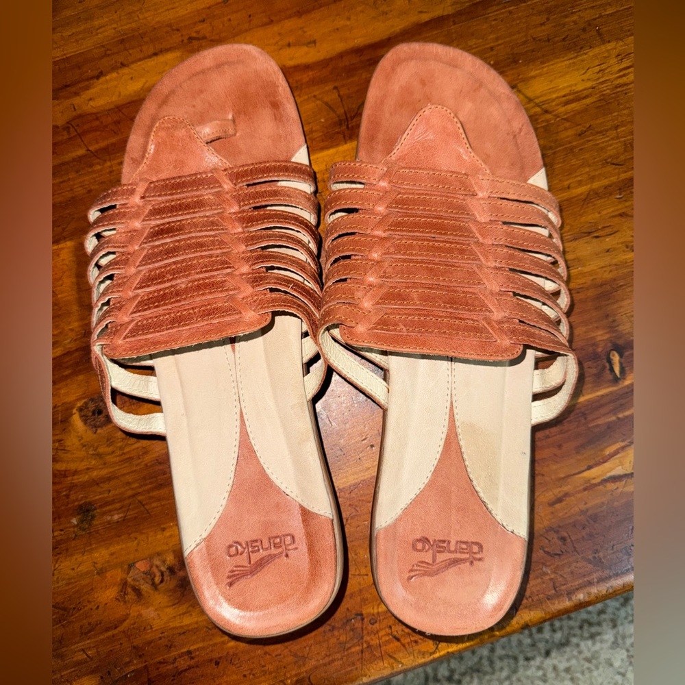 Dansko Strappy Suede Slide Sandals in Rust and Cream